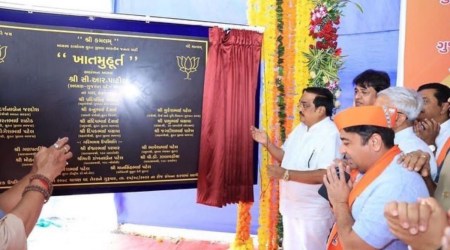 Gujarat BJP president C R Paatil Thursday laid the foundation stone of BJP ‘Kamalam’ office at Bardoli town. (Source: Twitter/@CRPaatil)