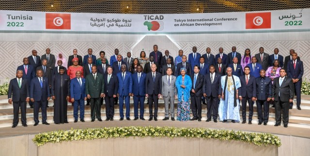 Tunisia's President Kais Saied poses for a group photo with officials and heads of delegations participating at the Tokyo International Conference on African Development (TICAD) in Tunis, Tunisia August 27, 2022.  (Tunisian Presidency/Handout via REUTERS)