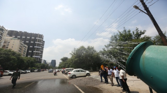  Anti-smog gun in the area before a day of demolition of Supertech twin tower in Noida on Saturday. (Express photo by Gajendra Yadav)
