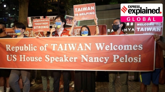 Supporters hold a banner outside the hotel where US House Speaker Nancy Pelosi is supposed to be staying in Taipei, Taiwan, Aug 2, 2022. (AP/PTI)