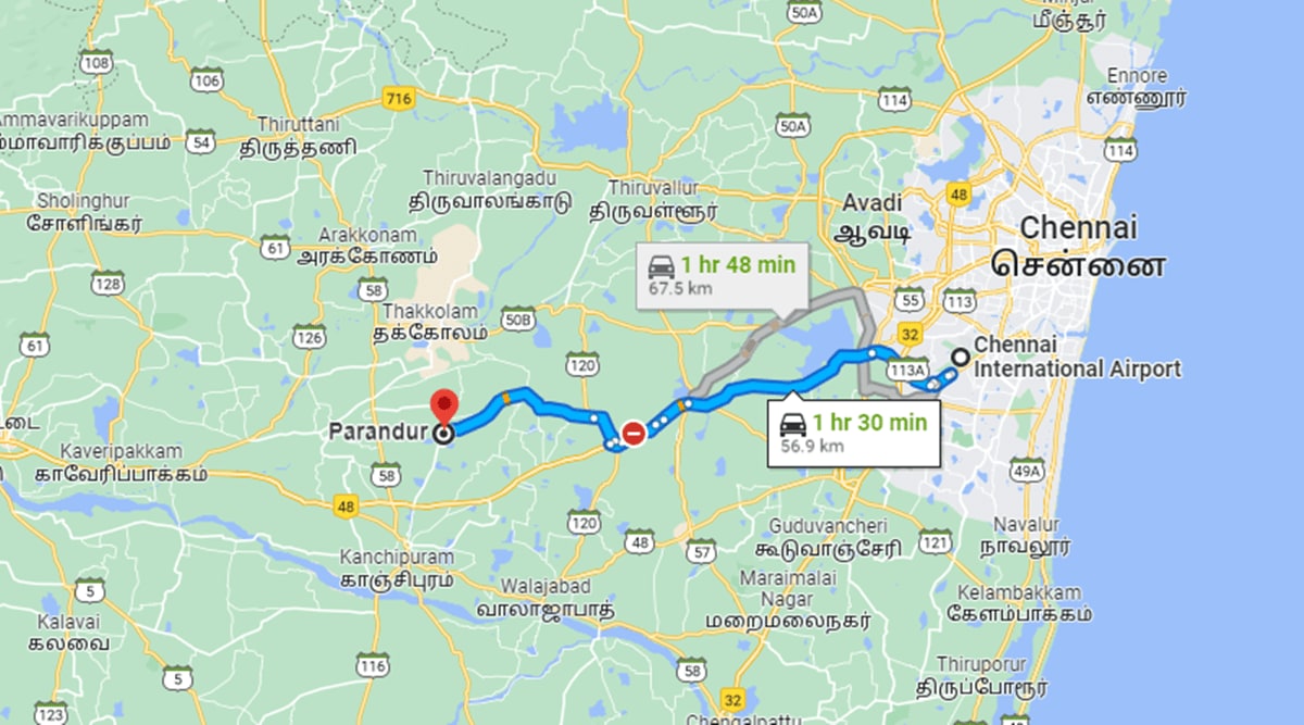 The proposed second airport is approximately 57 kilometres away from the existing one at Meenambakkam. (Source: screengrab)