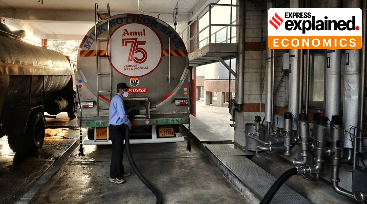 A milk tanker is filled at the Amul dairy plant in Anand, Gujarat. (Express Photo: Nirmal Harindran, File)