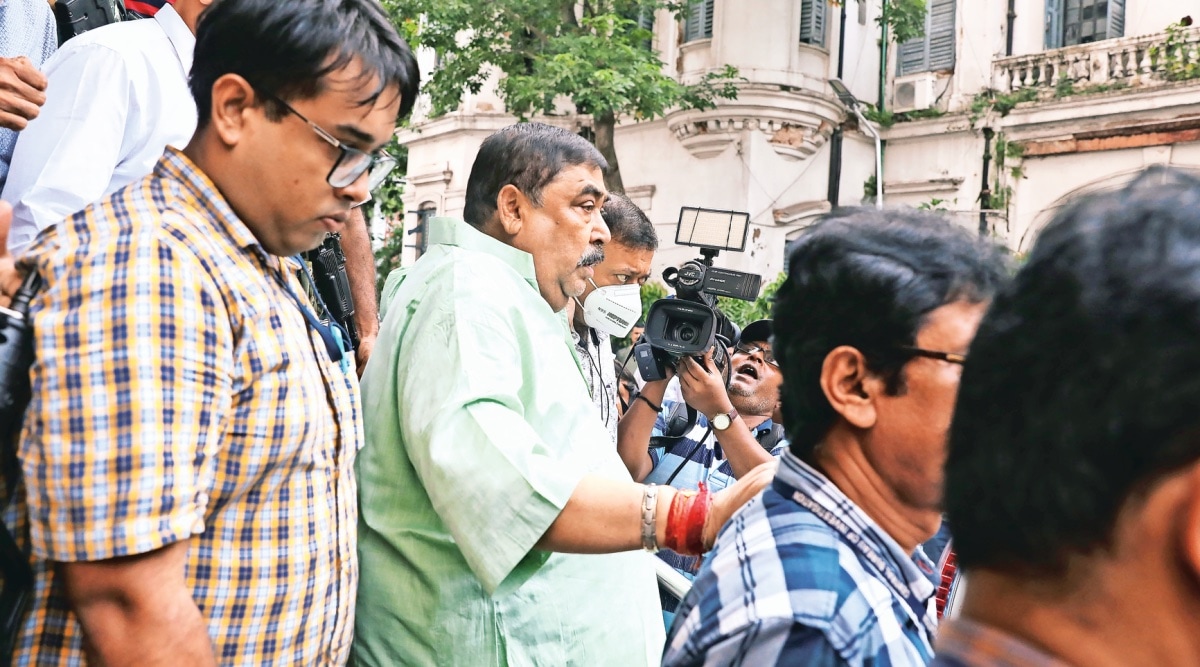 TMC leader Anubrata Mondal being taken to hospital from the CBI’s office in Kolkata on Friday. (Express Photo by Partha Paul)
