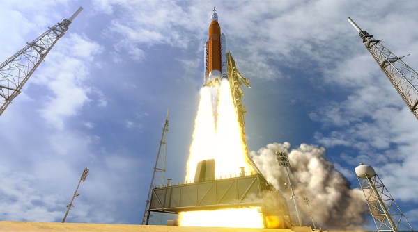 A rendering of the SLS rocket and the Orion spacecraft taking off for the Artemis I mission.