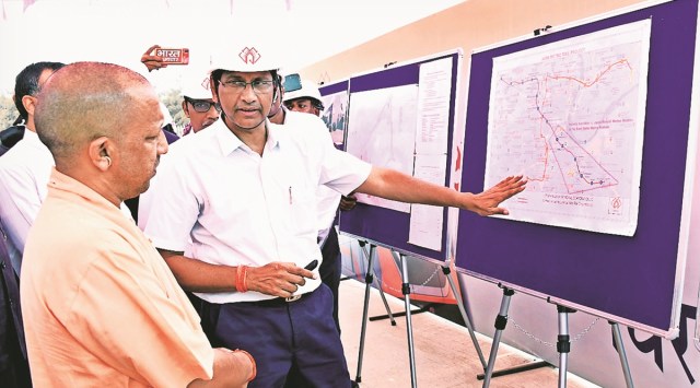 Uttar Pradesh CM Yogi Adityanath inspects work of a Metro train project in Agra district on Monday. (Express Photo)