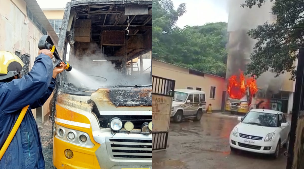 Pune school bus catches fire, pune latest news, Pune, Indian Express