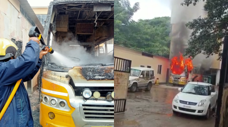 Pune school bus catches fire, pune latest news, Pune, Indian Express