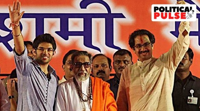 Shiv Sena supremo Bal Thackeray with son Uddhav Thackeray and grandson Aditya Thackeray at Shivaji park's annual dussehra rally in 2010  (Express Photo/File)