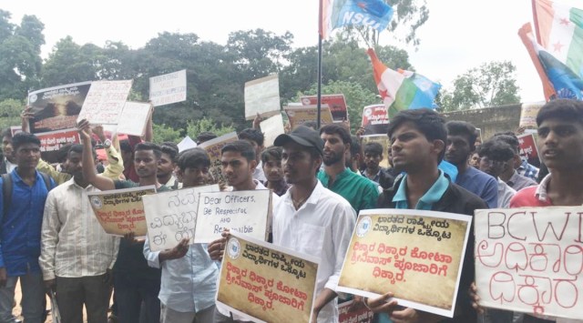 Government hostel students protesting at Freedom Park in Bengaluru against shifting to new facility. (Express photo)

