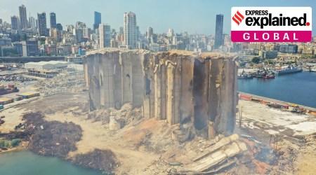 Smoke rises from the partially-collapsed Beirut grain silos, damaged in the August 2020 port blast, in Beirut Lebanon August 2, 2022. (Reuters Photo: Issam Abdallah)
