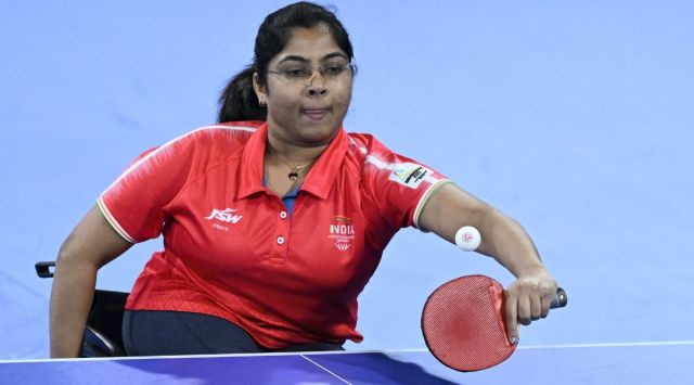 Bhavina Hasmukhbhai Patel of India in action against Ikpeoyi Ifechukwude Christiana of Nigeria during the final of Para Table Tennis event at Commonwealth Games. (PTI)