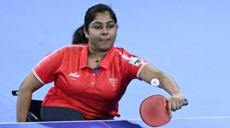 India's Bhavina Hasmukhbhai Patel in action against Ikpeoyi Ifechukwude Christiana of Nigeria during the final of Para Table Tennis event at Commonwealth Games 2022. (PTI)
