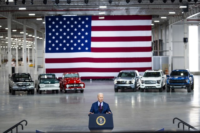 President Joe Biden speaks at the Ford Rouge Electric Vehicle Center in Dearborn, Mich., on May 18, 2021. At least 12 other states are already in line to adopt California’s zero-emissions vehicle mandate. (The New York Times)