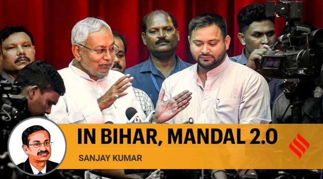 Bihar Chief Minister Nitish Kumar, along with his deputy Tejaswi Yadav, speaks to the media after their swearing-in ceremony at Raj Bhavan in Patna. (PTI)