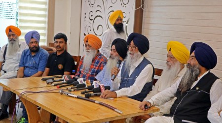 Simranjeet Singh Mann with leaders of Dal Khalsa addressing media during a press conference. September 15 2019. (Express Photo by Kamleshwar Singh)