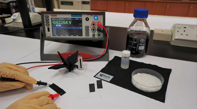 A device that generates electricity from the moisture in air is being tested in this image.