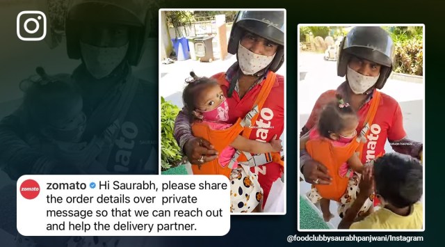 Zomato, delivery agent, carrying toddler to work, food delivery, children