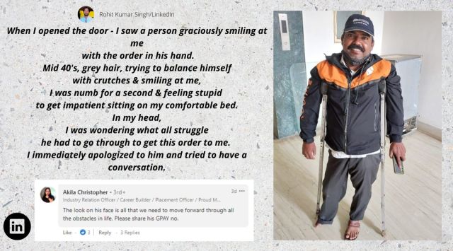 Swiggy delivery, specially abled man delivers food, man with crutches, specially abled delivery man, indian express