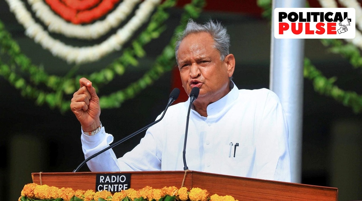 Rajasthan Chief Minister Ashok Gehlot addresses during a function at the Sawai Mansingh Stadium on the occasion of 76th Independence Day, in Jaipur, Aug. 15, 2022. (PTI)