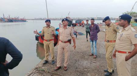 Gir Somnath police officers during their drive to scan seacoast of that district on Wednesday. (Express photo)