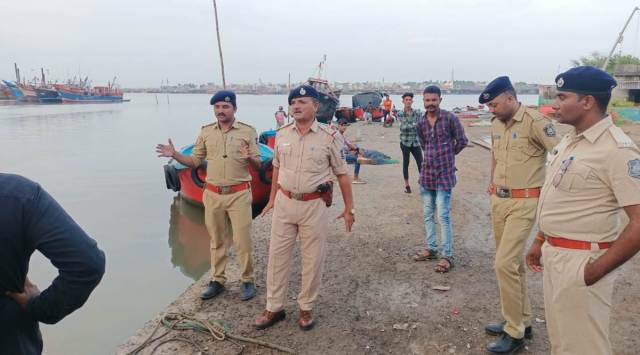 Gir Somnath police officers during their drive to scan seacoast of that district on Wednesday. (Express photo)