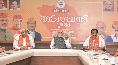 PM Modi at Gujarat BJP core committee meeting. (Express Photo)