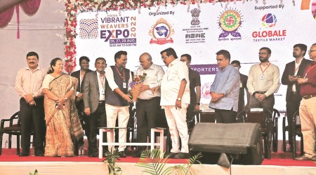 Chief minister Bhupendra Patel at Vibrant Weavers Expo 2022 in Surat on Friday (Express Photo by Hanif Malek)