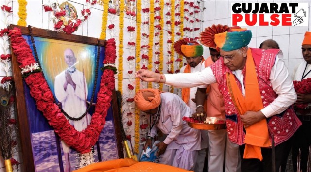 Gujarat Chief Minister Bhupendra Patel at the samadhi of tribal
social reformer and leader Govind Guru in Dahod district on World Tribal Day. (Express photo)