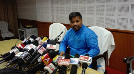 ICA minister Sushanta Chowdhury speaks to the media at state secretariat. (Express photo by Debraj Deb)