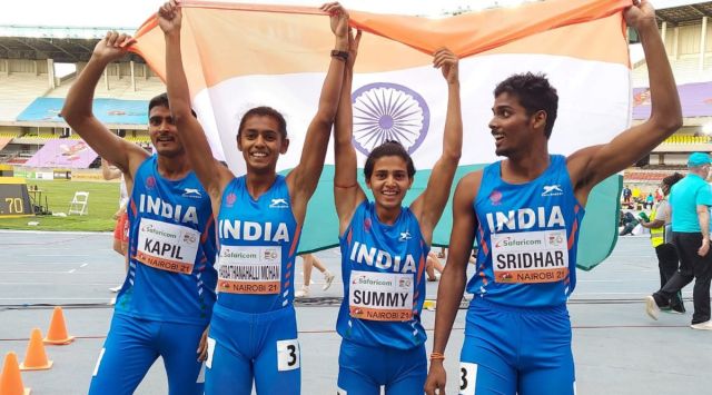 Kapil, Priya Mohan, Rupal Chaudhary, and Barath Sridhar after finishing second in the mixed team 4x400 relay event at the World U20 Athletics Championships. (Photo: olympics.com)