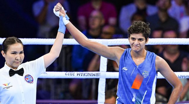 India's Jaismine reacts after winning the quarter-final boxing match of Women's Over 57kg-60kg (Lightweight) category. (PTI)