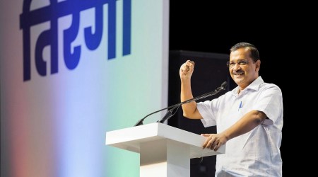 Chief Minister of Delhi Arvind Kejriwal speaks during the 'Har Hath Tiranga' programme of the Delhi government, on the eve of Independence Day, in New Delhi. (PTI)