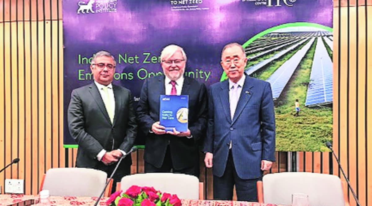 Australian ex-PM Kevin Rudd (centre), along with former UN Secretary General Ban Ki-moon (right) and International Finance Corporation’s Head and Director of Climate Business Vivek Pathak, in New Delhi, Friday. (Express photo)