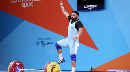 Lovepreet Singh celebrates after his national record establishing Snatch lift in the Men's 109kg category. (Photo: Team India/Twitter)