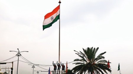 100 feet high-mast national flag hoistedalong with the statues of martyrs at Jagraon Bridge chowk in Ludhiana on Sunday. Express Photo by Gurmeet Singh