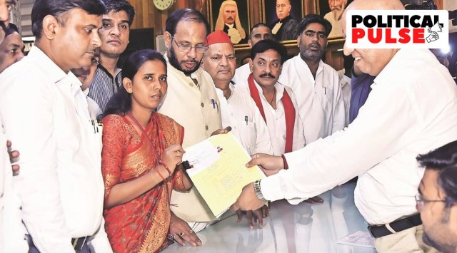 Samajwadi Party’s Kirti Kol file her nomination for the August 11 by-elections to the UP Legislative Council, in Lucknow on Monday. (Express Photo/Vishal Srivastav)