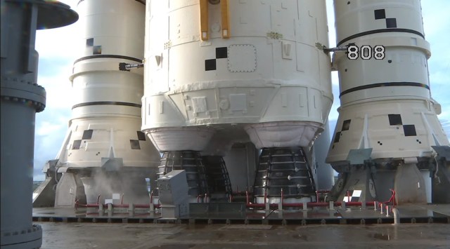The Artemis mission's SLS rocket's RS--25 engines can be seen here.