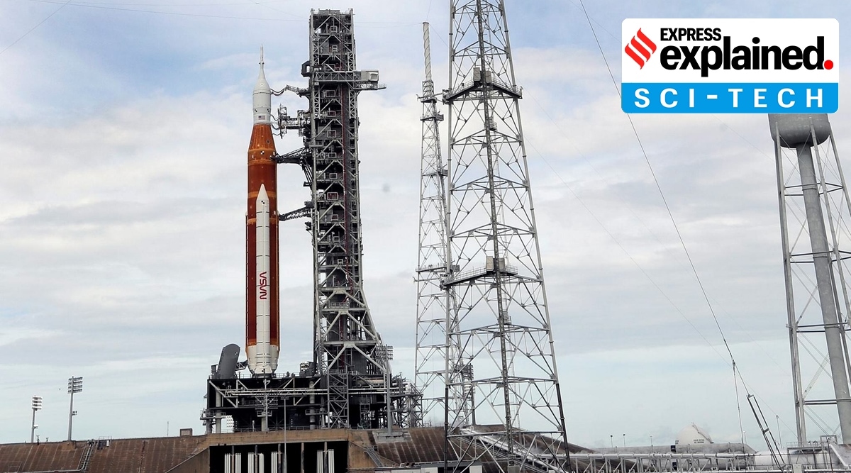 The NASA moon rocket stands on Pad 39B after today's launch for the Artemis 1 mission to orbit the Moon was scrubbed at the Kennedy Space Center, Aug. 29, 2022, in Cape Canaveral, Fla. (AP)