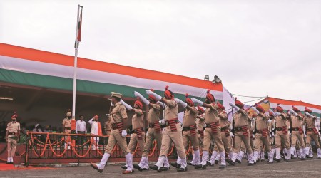 Celebrations at Government College in Mohali after Punjab Minister Brahm Shankar Jimpa unfurled the national flag 
on Monday. (Express Photo)