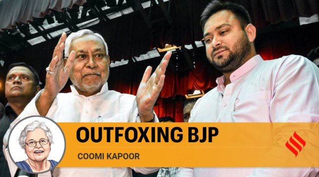Bihar political crisis: Bihar Chief MInister Nitish Kumar with his deputy Tejaswi Yadav speaks to the media after their swearing-in ceremony at Rajbhawan in Patna, Wednesday, Aug. 10, 2022. (PTI Photo)  