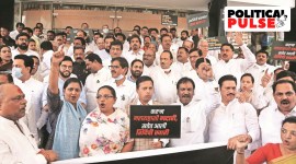 Opposition MLAs stage a protest at Vidhan Bhavan on Wednesday. Express no alt set