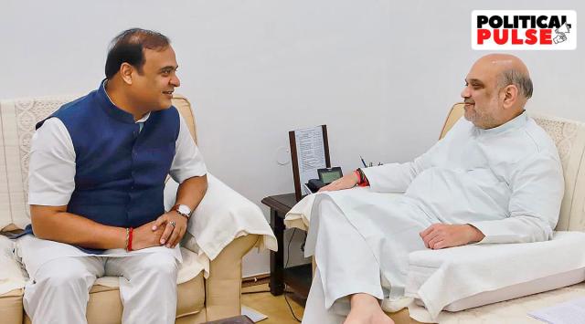 Union Home Minister Amit Shah interacts with Assam Chief Minister Himanta Biswa Sarma during a meeting, in New Delhi. (PTI)