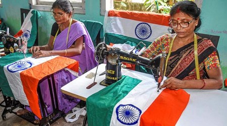 Workers prepare the Indian national flags ahead of the Independence Day celebrations, at Assam Khadi and Village Industries Board office, in Guwahati, Tuesday, August 2, 2022. (PTI)