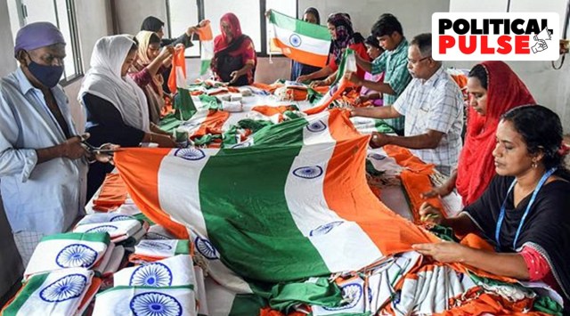 Kudumbashree workers prepare the national flags for 'Har Ghar Tiranga' campaign, ahead of Independence Day celebrations, at Kalamassery in Kochi. (PTI)