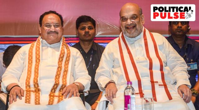 Union Home Minister Amit Shah and BJP National President J.P. Nadda during the closing ceremony of the two-day joint national executive meeting of different BJP cells, in Patna. (PTI)