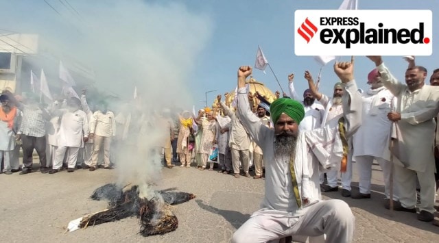 Farmers burn copies of the Bill at Golden Gate, in Amritsar, Monday. (Express Photo)
