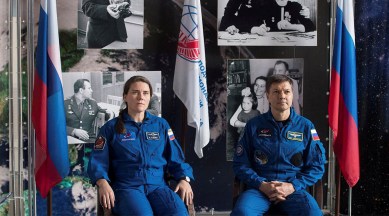 Roscosmos cosmonauts Anna Kikina and Oleg Kononenko attend a news conference in Star City, Russia
