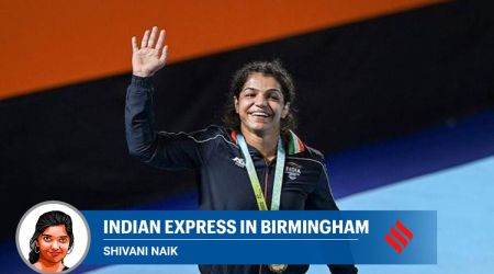  Gold medallist Sakshi Malik during the Women's Freestyle Wrestling 62kg category medal ceremony, at the Commonwealth Games 2022 (CWG), in Birmingham, UK. (PTI)