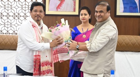 Assam Chief Minister Himanta Biswa Sarma (right) greets Meghalaya CM Conrad Sangma before the talks in Guwahati on Sunday. (Photo: Twitter)
