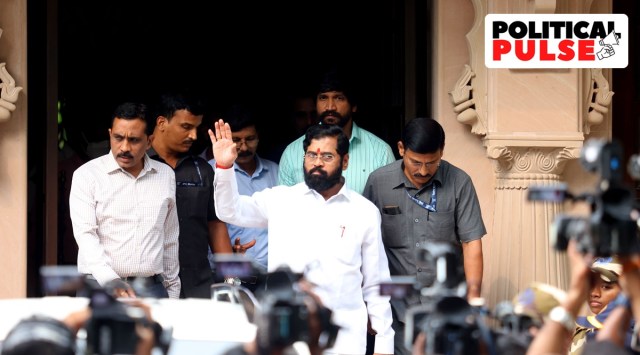 Maharashtra Chief Minister Eknath Shinde leaving from Maharashtra Sadan in New Delhi. (Express photo by Praveen Khanna)
